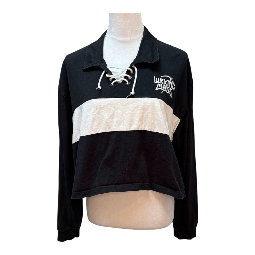Luking Class Black and White Lace-Up Cropped Preppy Goth‎ Skater Shirt Sz XL